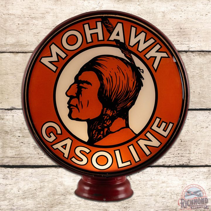 Mohawk Gasoline "Orange" 15" Single Lens Gas Pump LP Metal Body Globe w/ Native American
