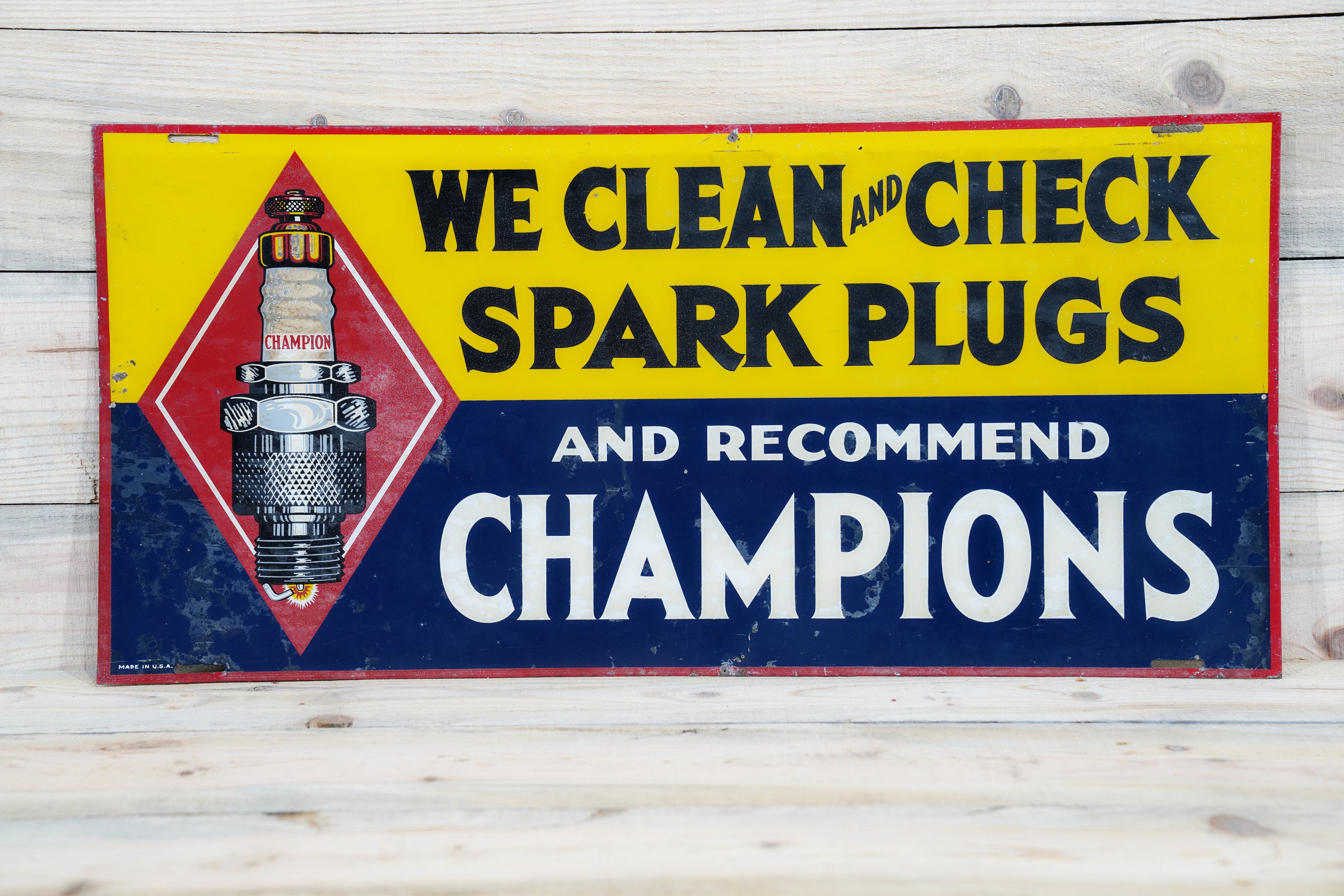 Champion Spark Plugs We Clean & Check Single Sided Tin Sign TAC