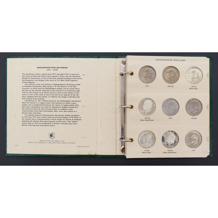 1971-1978 Eisenhower Dollars Green Book w/ 32 Coins- some proof