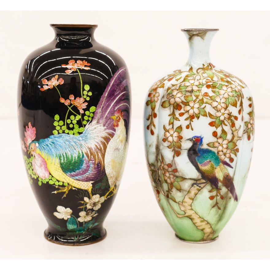 2pc Japanese Meiji Cloisonne Ginbari Bird Vases