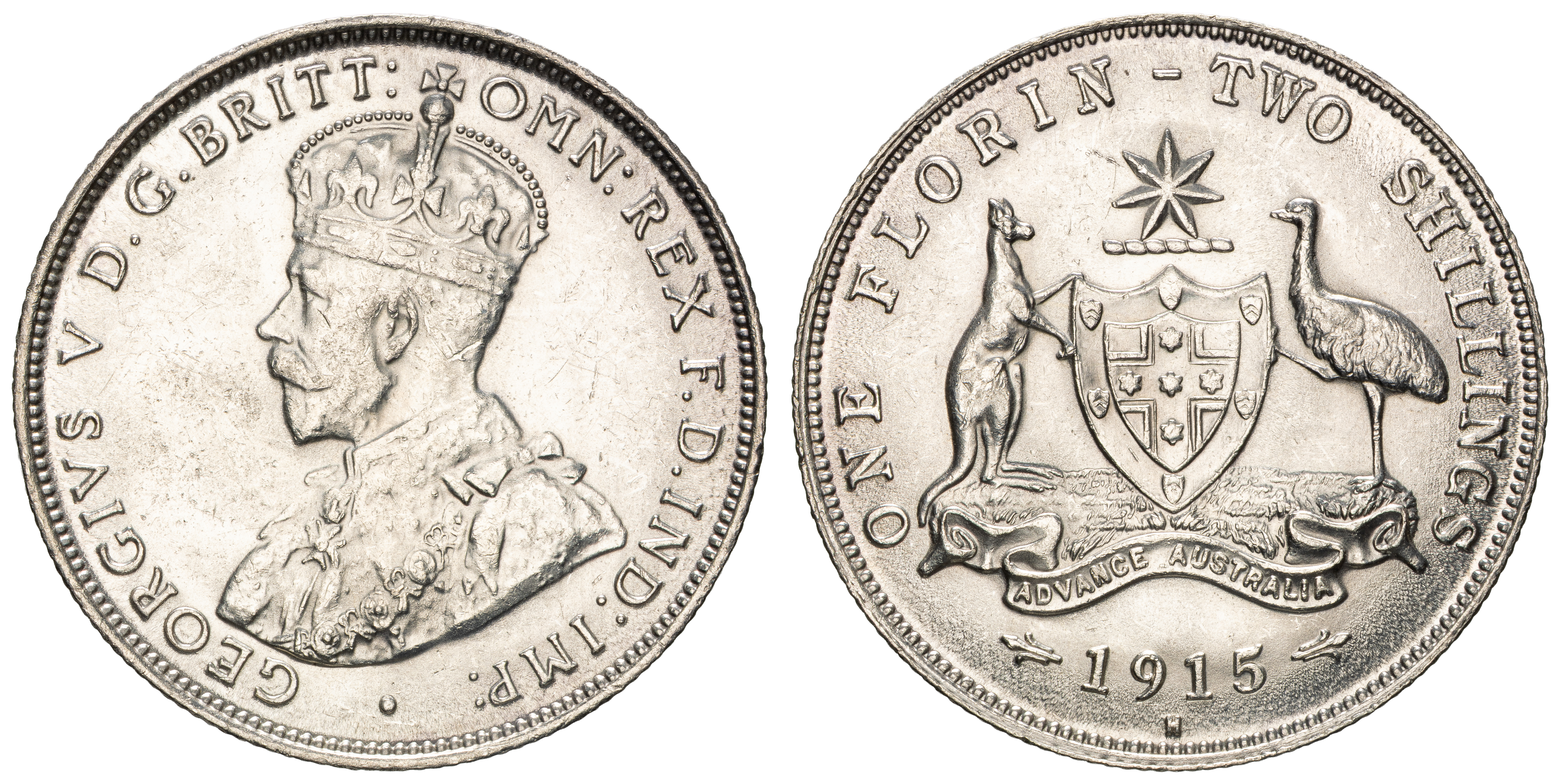 George V, Florin, 1915-H, aUNC - UNC