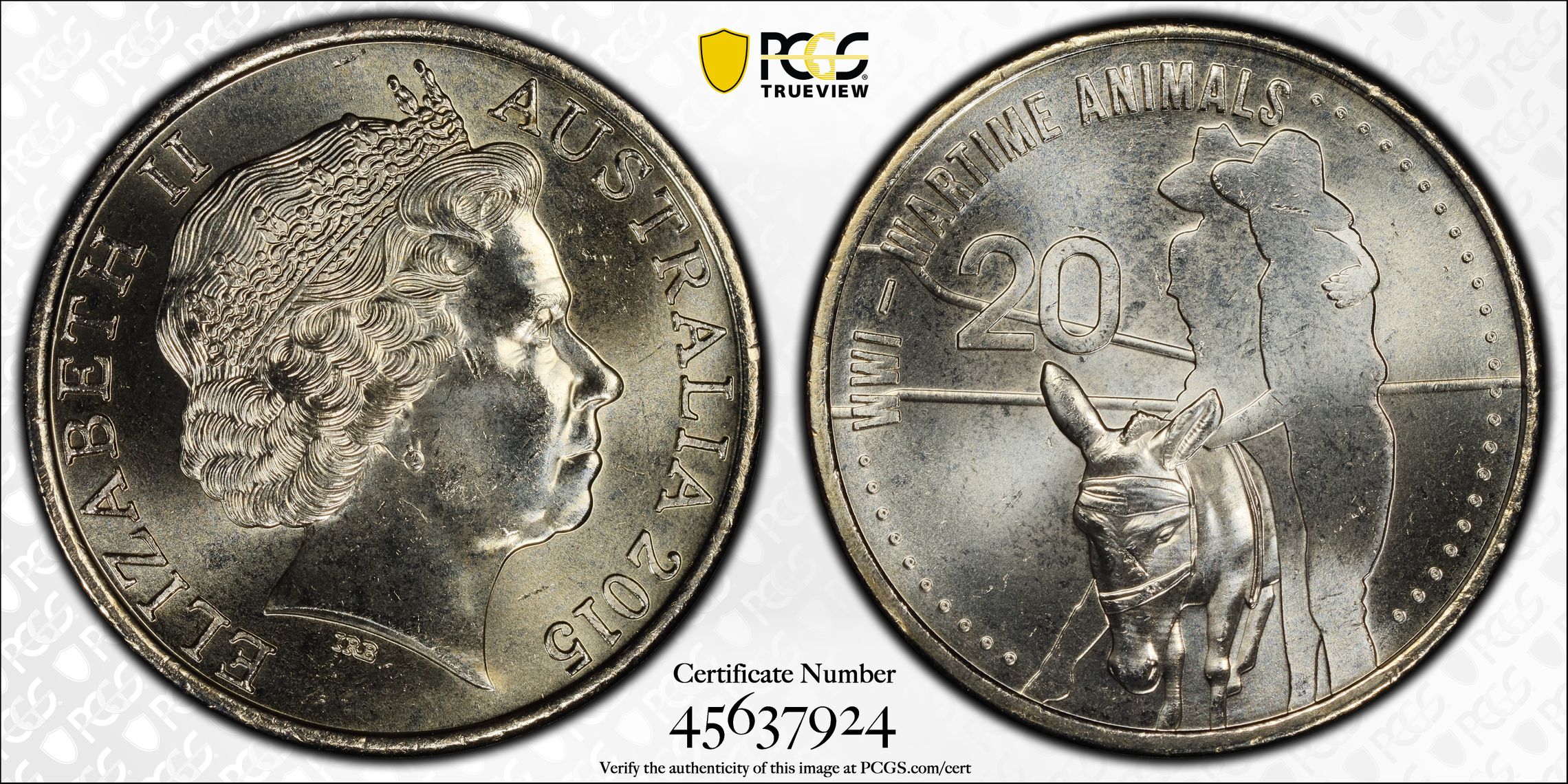Wartime Animals , Twenty Cent, 2015, PCGS MS66