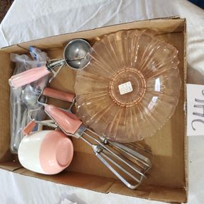 Vintage pink kitchen utensils, depression candy dish