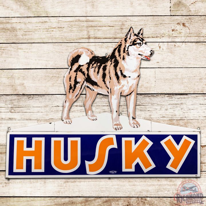 Rare 6' Albino Husky Gasoline Die Cut SS Porcelain Multi-Piece Sign
