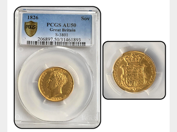 1826 KING GEORGE IV BARE HEAD GOLD SOVEREIGN PCGS AU50