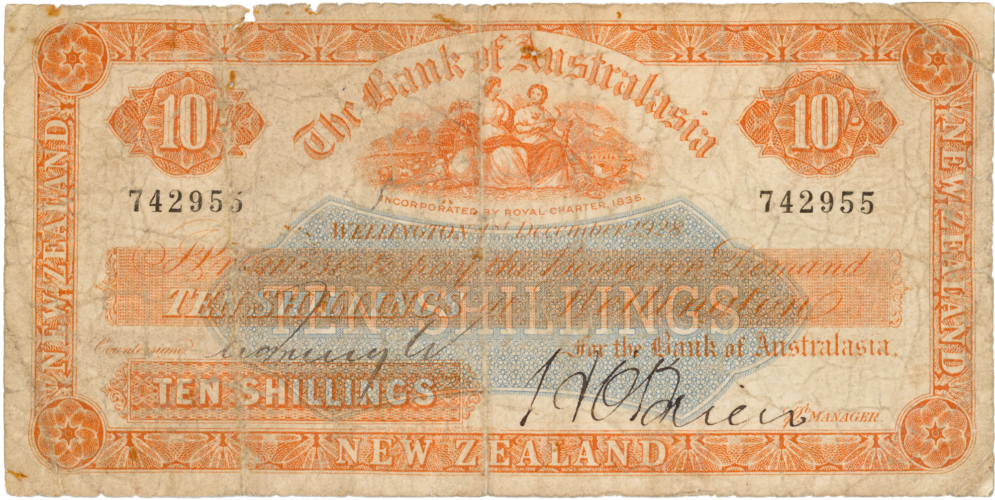 New Zealand, The Bank of Australasia, Ten Shillings, 1924 - 1931, Good