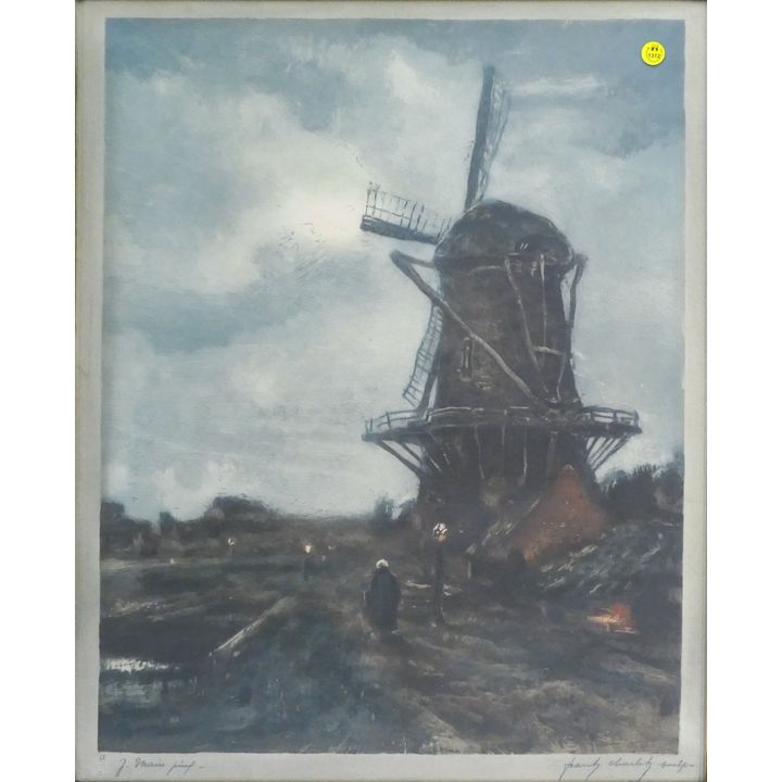 Antique Dutch Windmill Aquatint Etching Framed 31''x26''