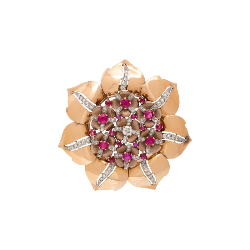 RETRO, DIAMOND AND SYNTHETIC RUBY FLOWER BROOCH