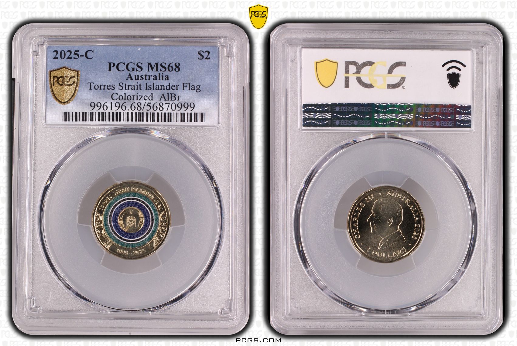 Torres Strait Islander Flag Colourised AlBr, Two Dollar, 2025-C, PCGS MS68