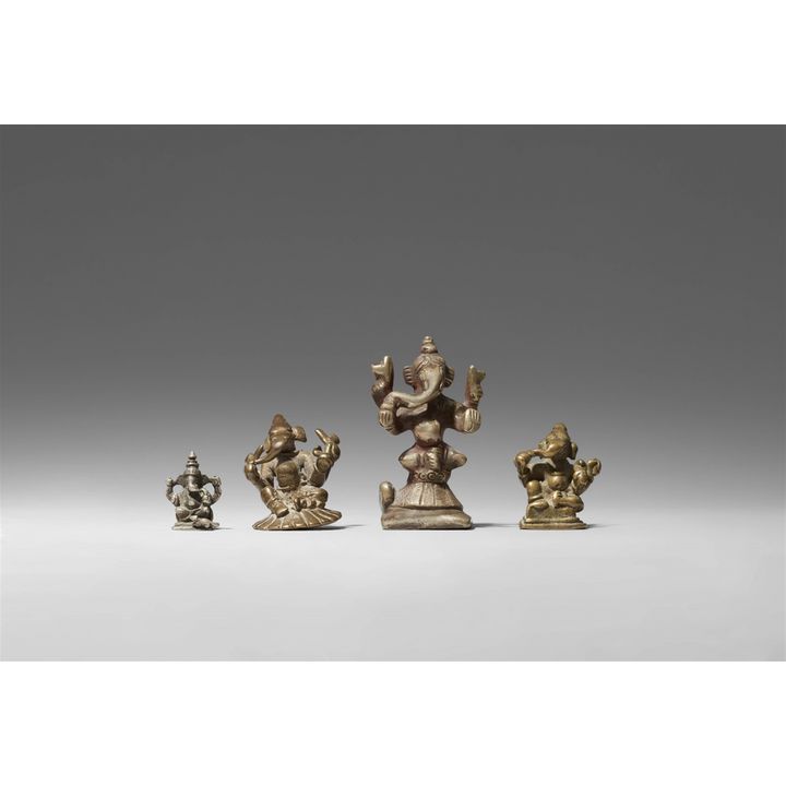 Four small silver and bronze figures of Ganesha. India, various regions. 19./20. Jh.