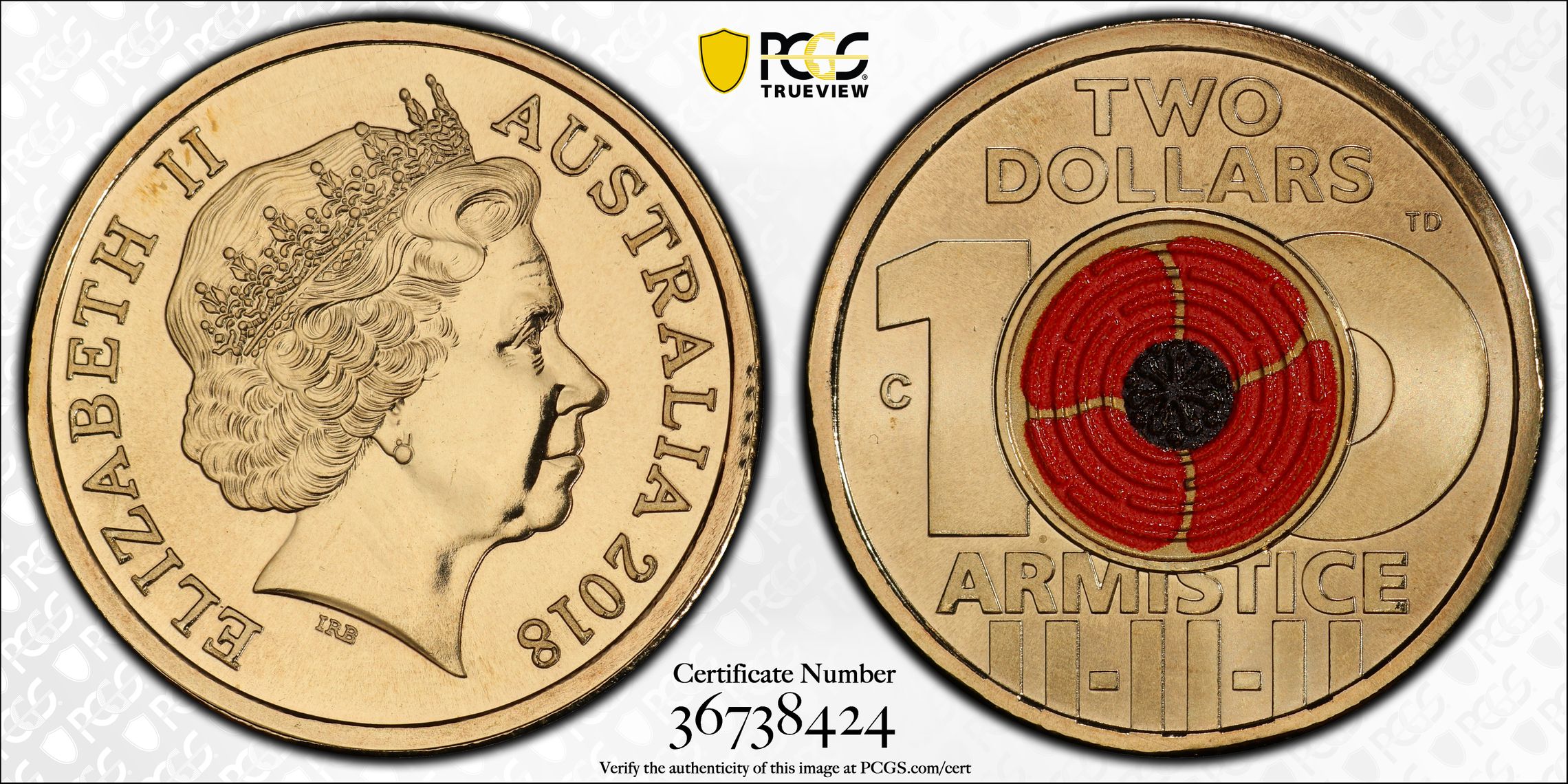 2018-C Australia Two Dollar, $2 Armistice Centenary PCGS - MS69 -424