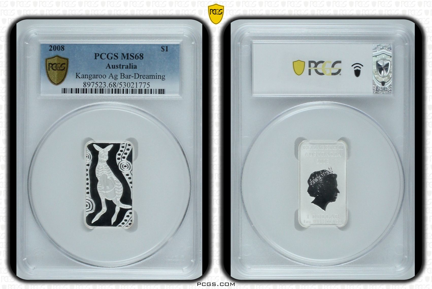 Kangaroo Silver Bar-Dreaming, One Dollar, 2008, PCGS MS68