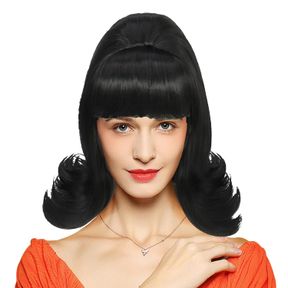 BLACK FLIP WIG WOMEN 60S WIG SHORT BLACK BEEHIVE SYNTHETIC HAIR VINTAGE 50S HALLOWEEN PARTY COSTUME WIG (BLACK)