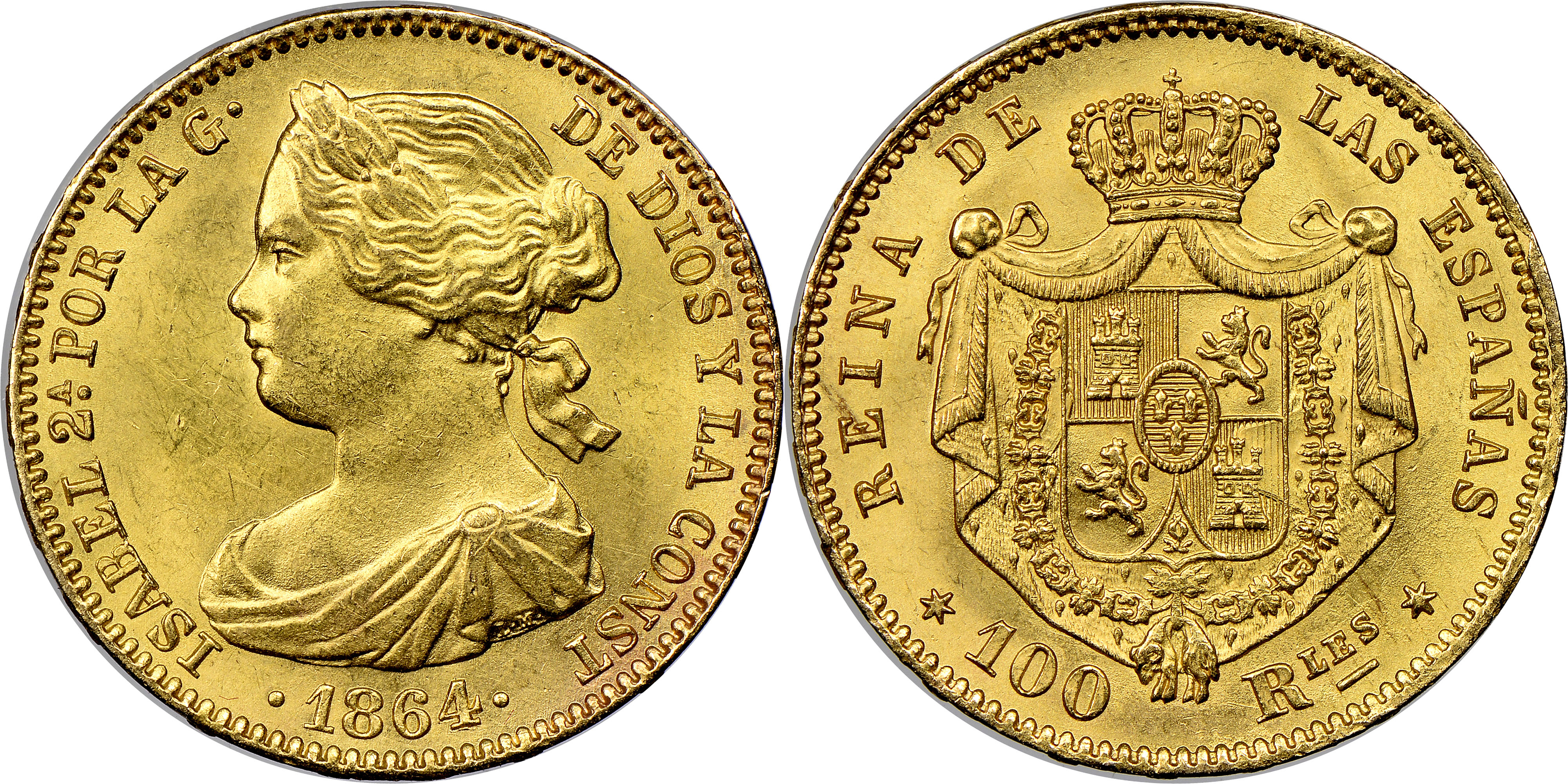 Spain, Isabella II, Madrid mint, One Hundred Reales, 1864, NGC MS62