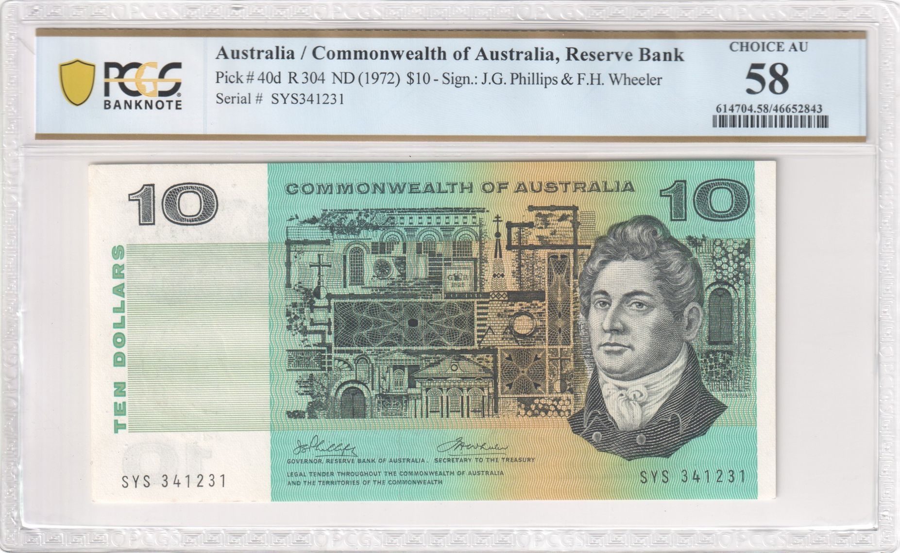 Phillips/Wheeler, Ten Dollar, 1972, PCGS Choice AU 58