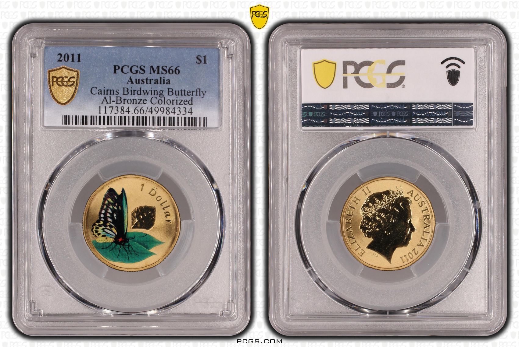 Cairns Birdwing Butterfly Al-Bronze Colorized , One Dollar, 2011, PCGS MS66