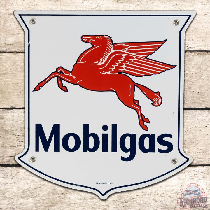Exceptional Mobilgas Gasoline Single Sided Porcelain Die Cut Pump Plate Sign w/ Pegasus