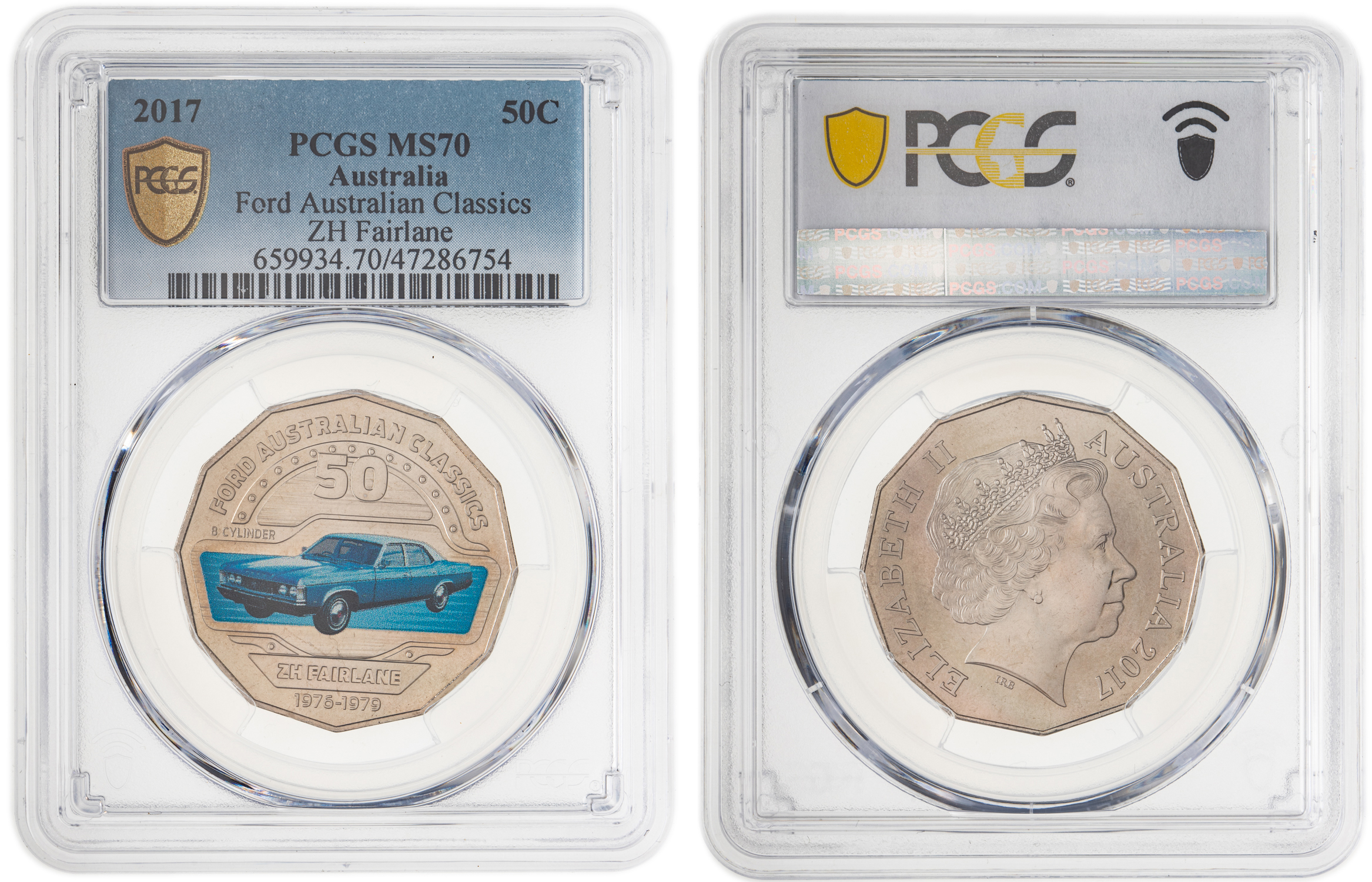 227 · Elizabeth II, Ford Australian Classics - ZH Fairlane, Pop 3/0, Fifty Cent, 2017, PCGS MS70