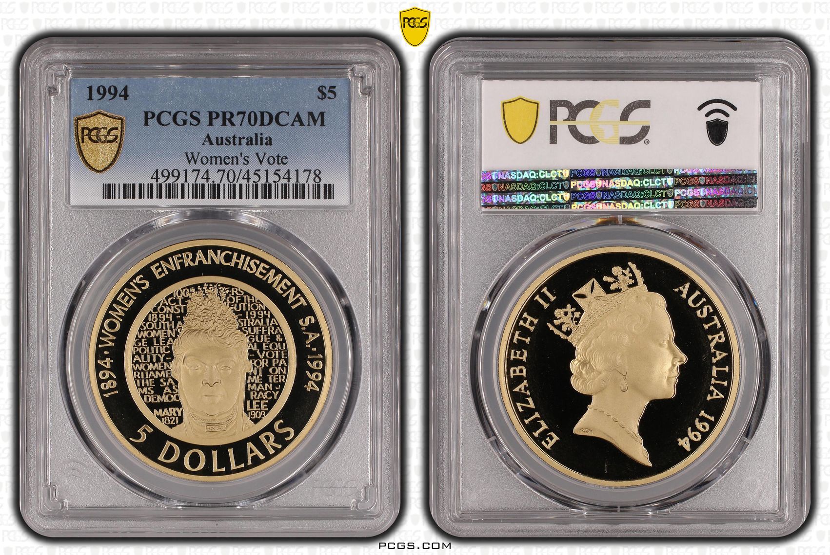 Elizabeth II, Women's Vote, Five Dollar, 1994, PCGS PR 70DCAM