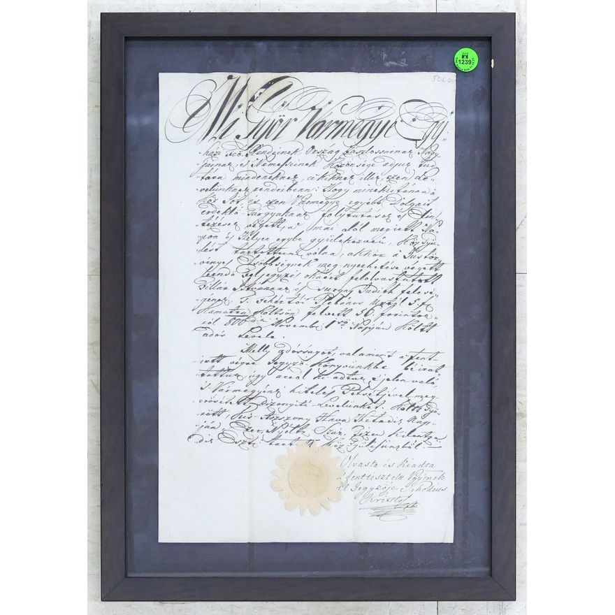 Antique European Hand Inscribed Document Framed 19''x13''