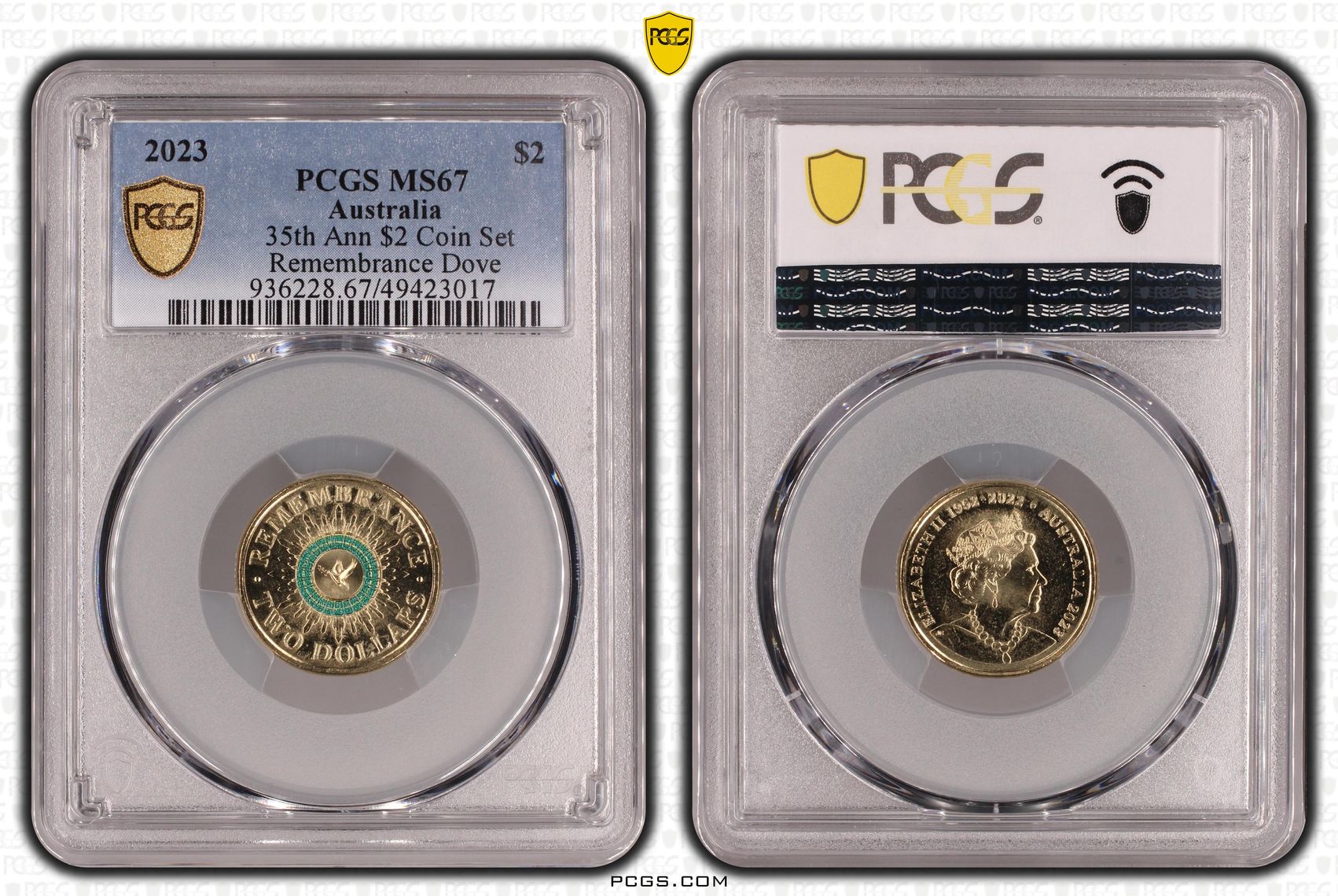 35th Ann $2 Coin Set Colorized Remembrance Dove, Two Dollar, 2023, PCGS MS67