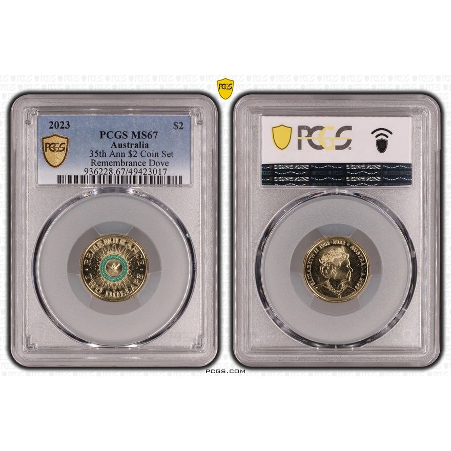 35th Ann $2 Coin Set Colorized Remembrance Dove, Two Dollar, 2023, PCGS MS67