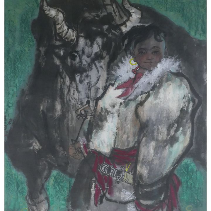 Chinese Modernist ''Warrior with Ox'' Watercolor