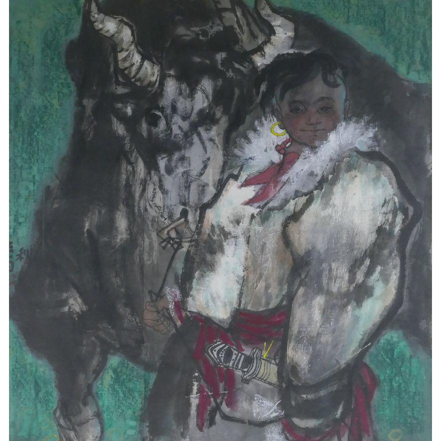 Chinese Modernist ''Warrior with Ox'' Watercolor