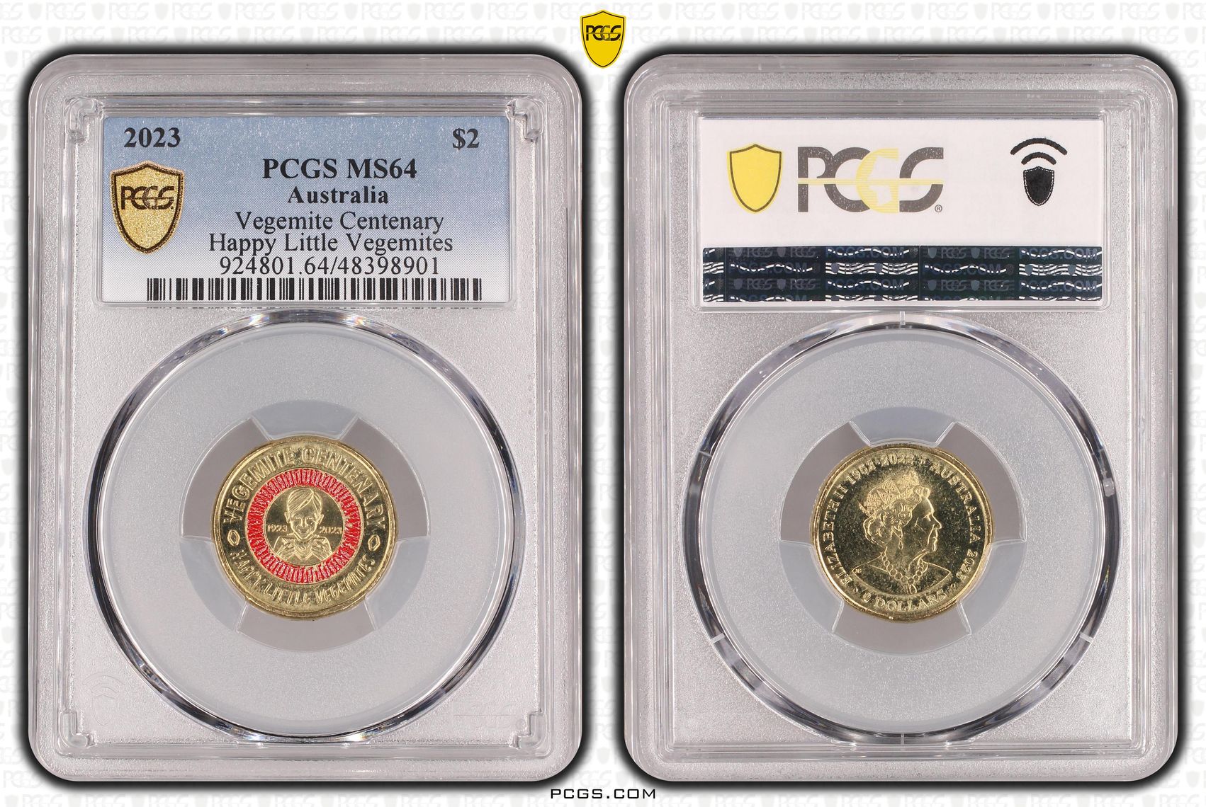 Elizabeth II, Vegemite Centenary - Happy Little Vegemites, Two Dollar, 2023, PCGS MS64