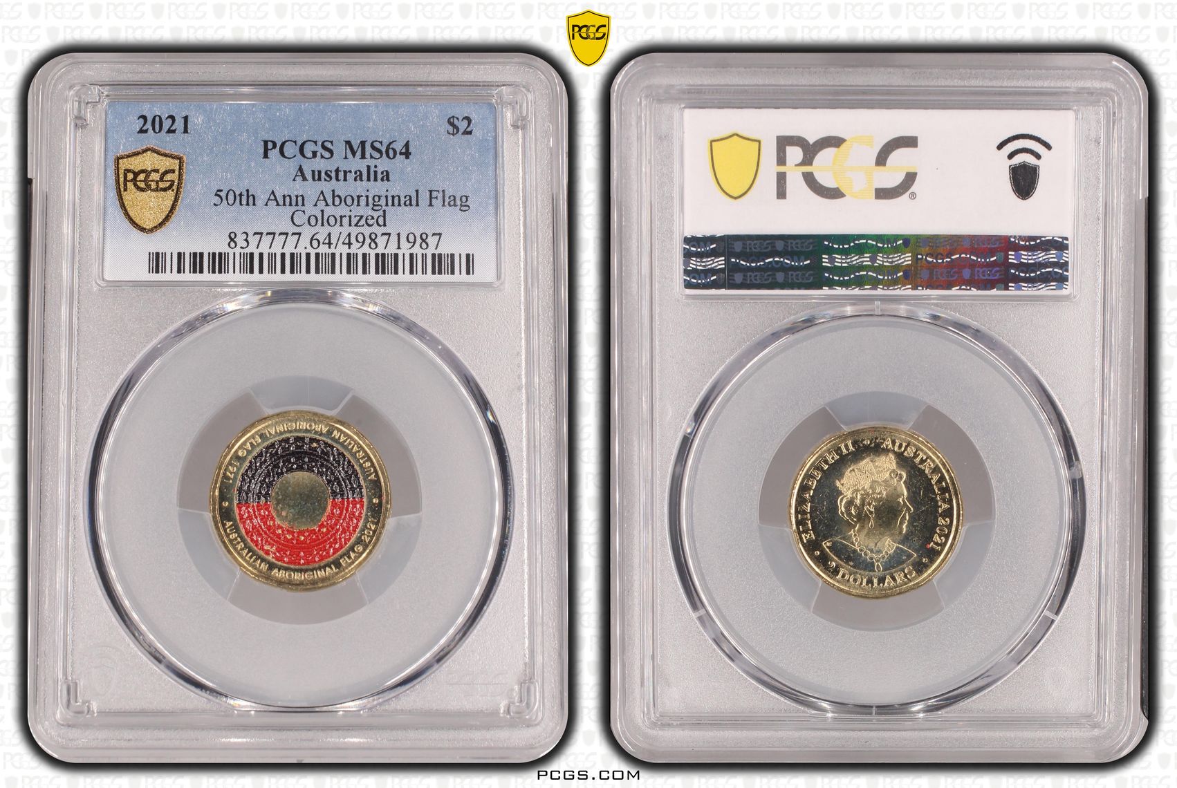 Elizabeth II, 50th Ann Aboriginal Flag Colorized , Two Dollar, 2021, PCGS MS64