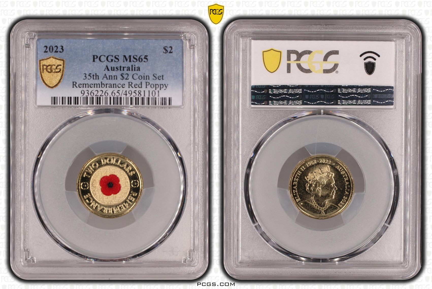 Elizabeth II, 35th Ann $2 Coin Set Colorized Remembrance Red Poppy , Two Dollar, 2023, PCGS MS65