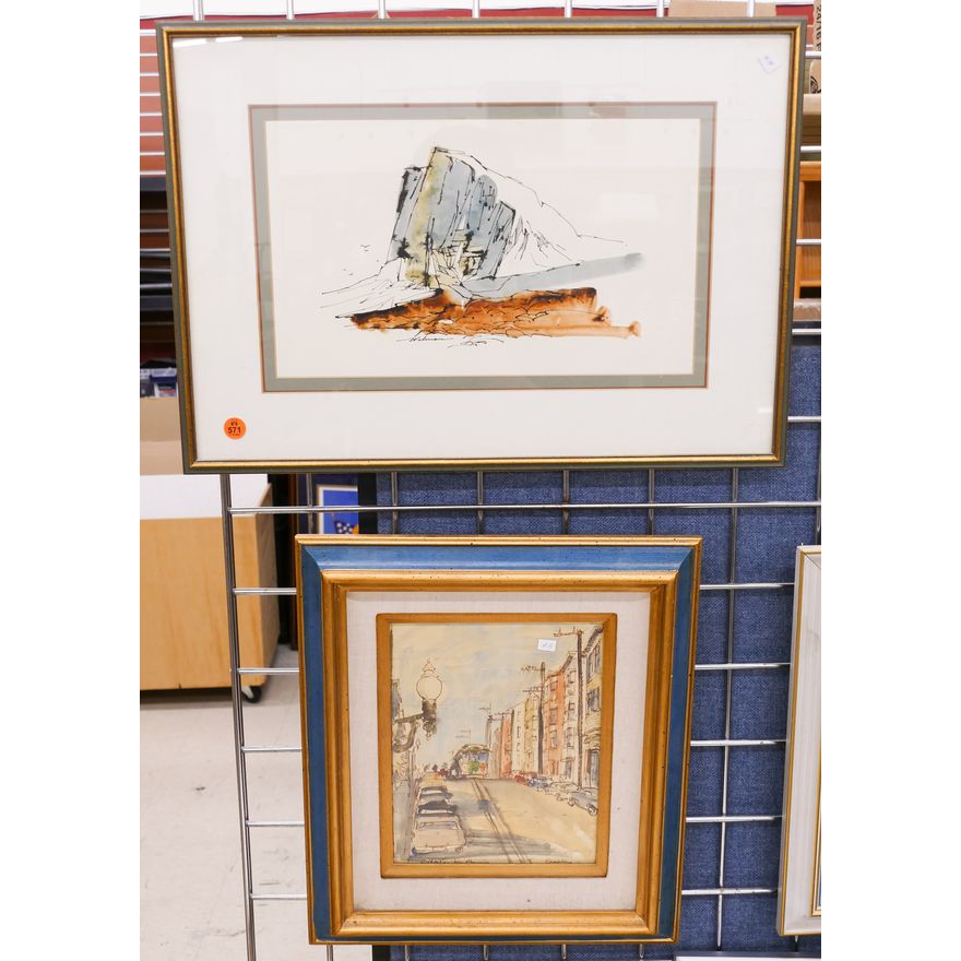 2pc San Francisco and Modern Landscape Watercolors Framed- largest 14x20''