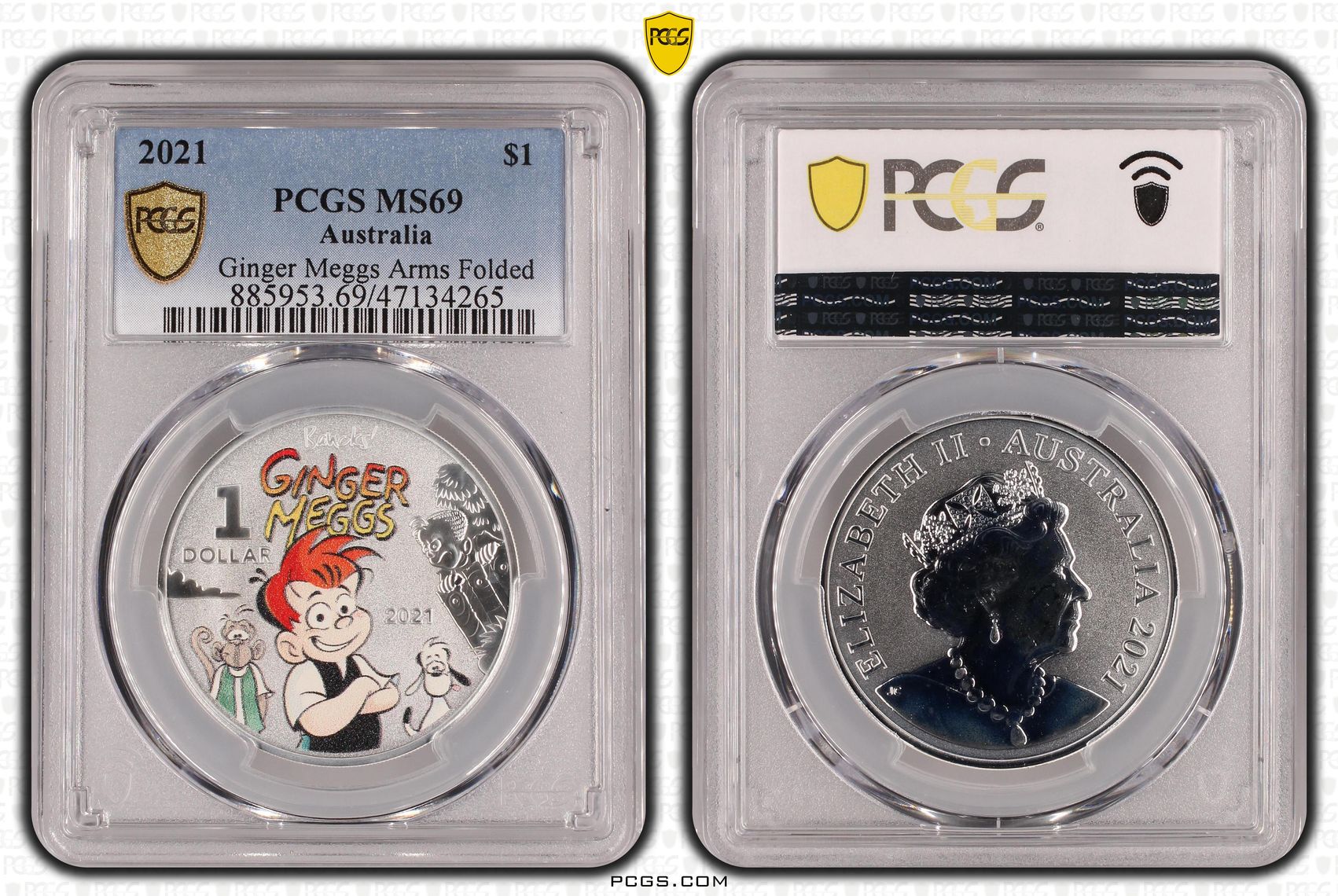 Ginger Meggs Arms Folded , One Dollar, 2021, PCGS MS69