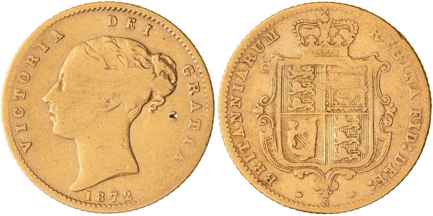 Victoria, Shield Reverse - Young Head , Half Sovereign, 1872-S, Good