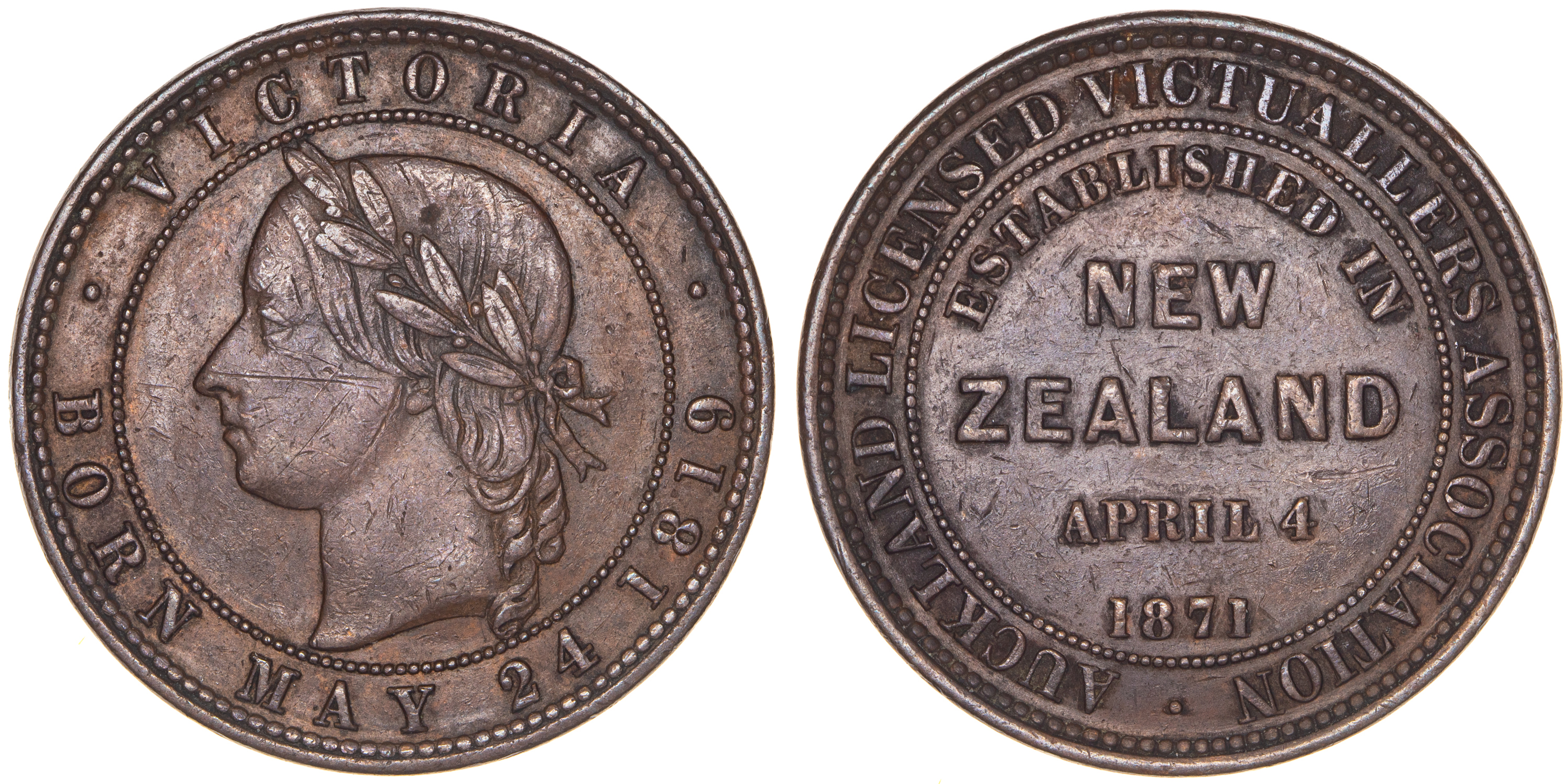 A.20 - Auckland Licensed Victuallers, Penny, 1871 (estab), gVF