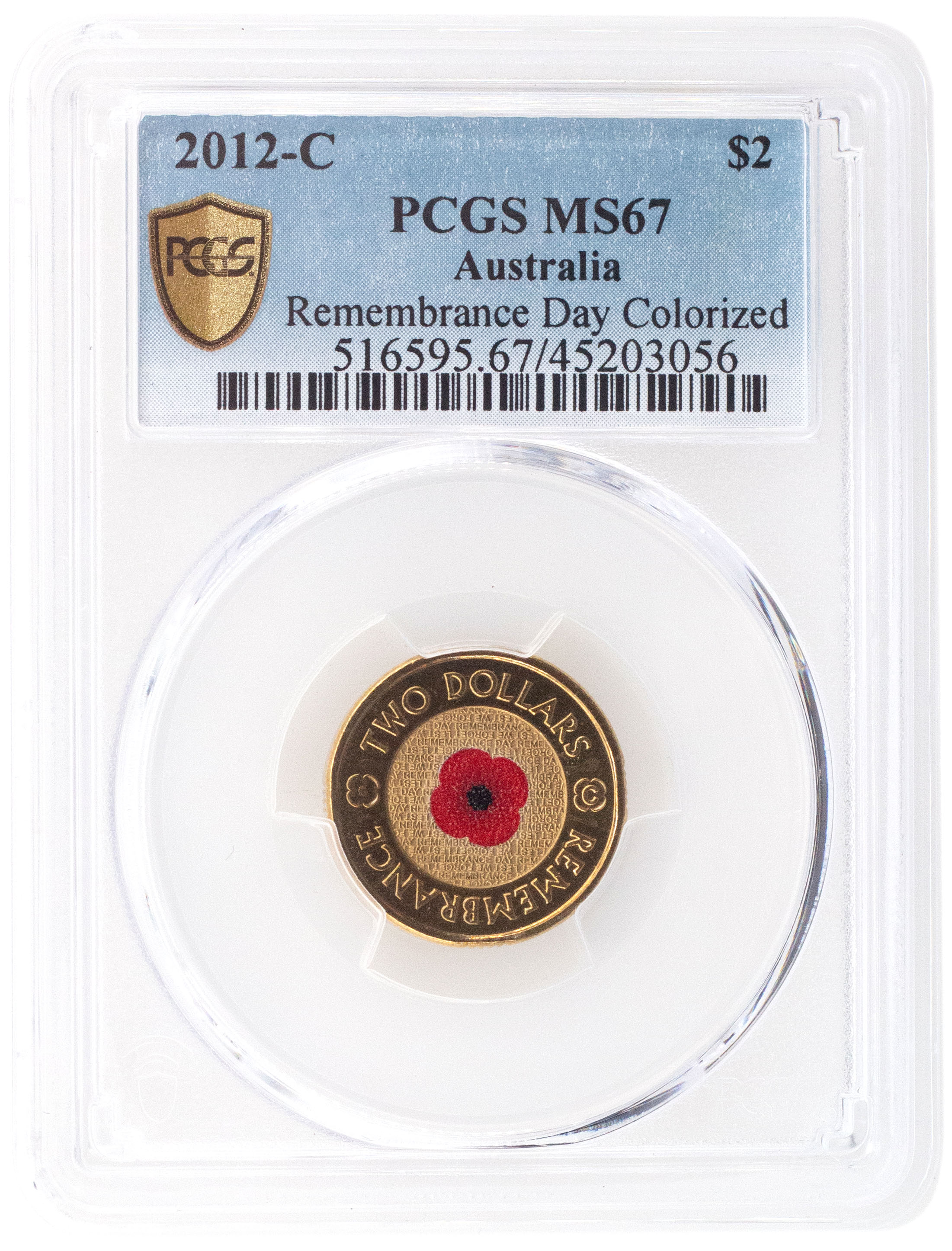 2012-C Australian Two Dollar, $2 Remembrance Day Colored PCGS - MS67 -056