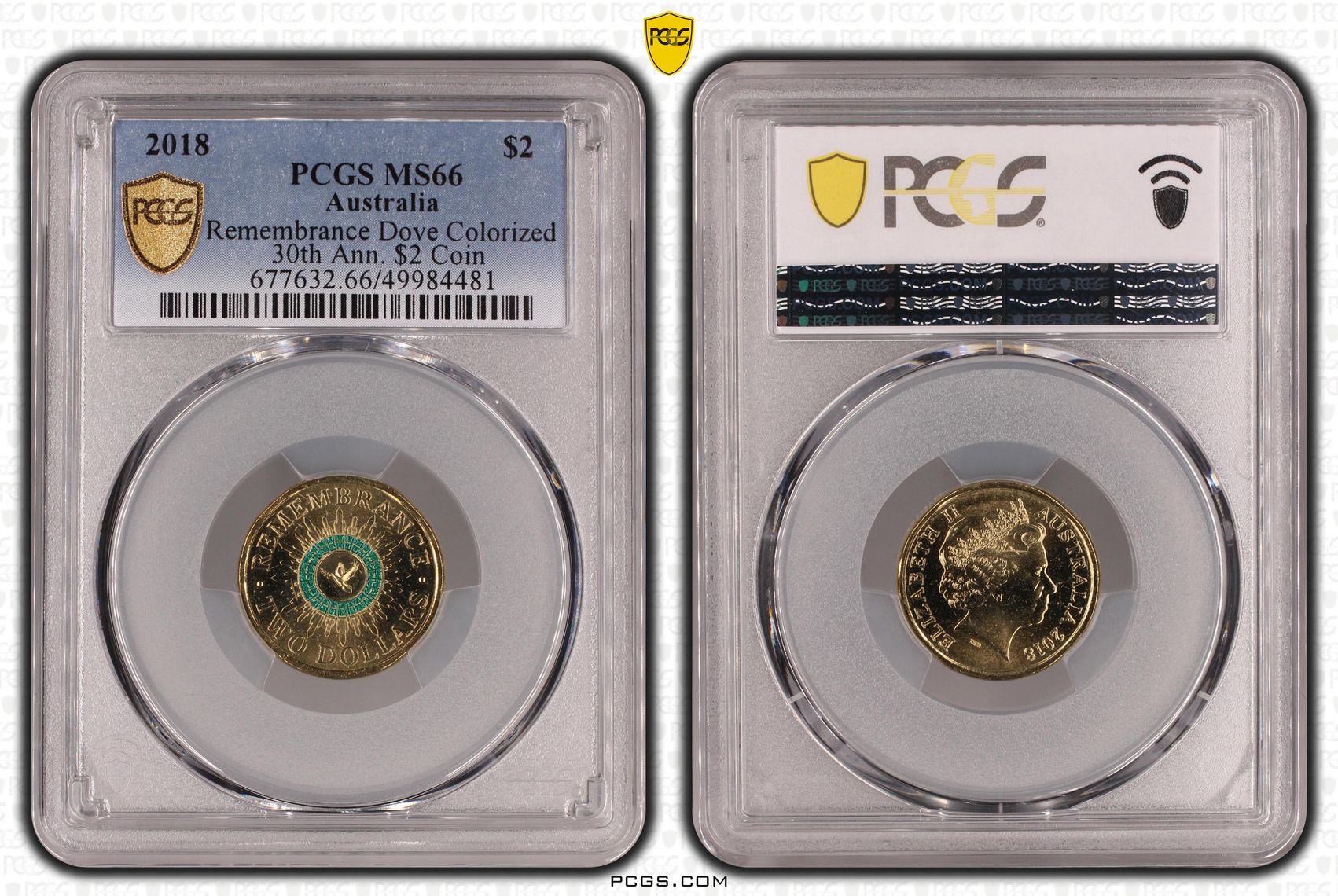 Remembrance Dove Colorized 30th Ann. $2 Coin , Two Dollar, 2018, PCGS MS66