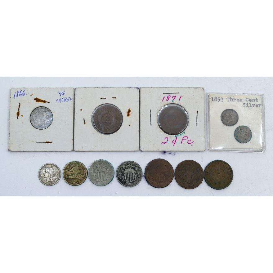 Box Antique US 2 & 3 Cent Fractional Coins etc.