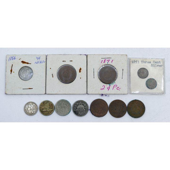 Box Antique US 2 & 3 Cent Fractional Coins etc.