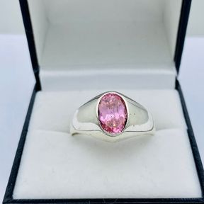 DAZZLING STERLING SILVER PINK CZ GEMSTONE CYCLOPS RING - SIZE X - 6.57G - 50691/200