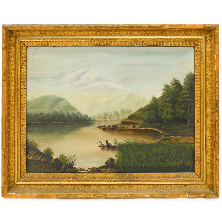 Antique American Naive River Scene Oil on Board. Unsigned. Gilt Frame (AS IS)- 24x30''