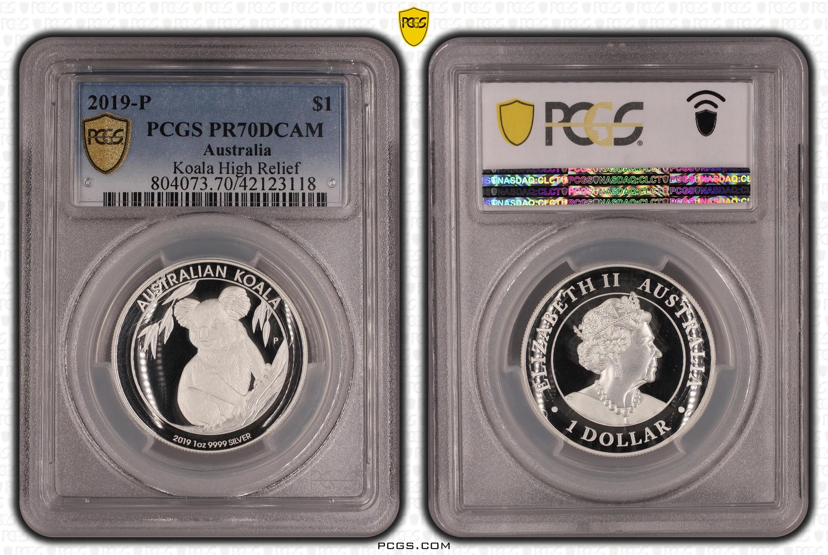 Koala Ag High Relief, One Dollar, 2019-P, PCGS PR70DCAM