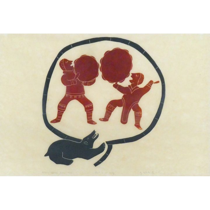 Helen Kalvak ''Don't be so Noisy!'' 1969 Inuit Stonecut Print