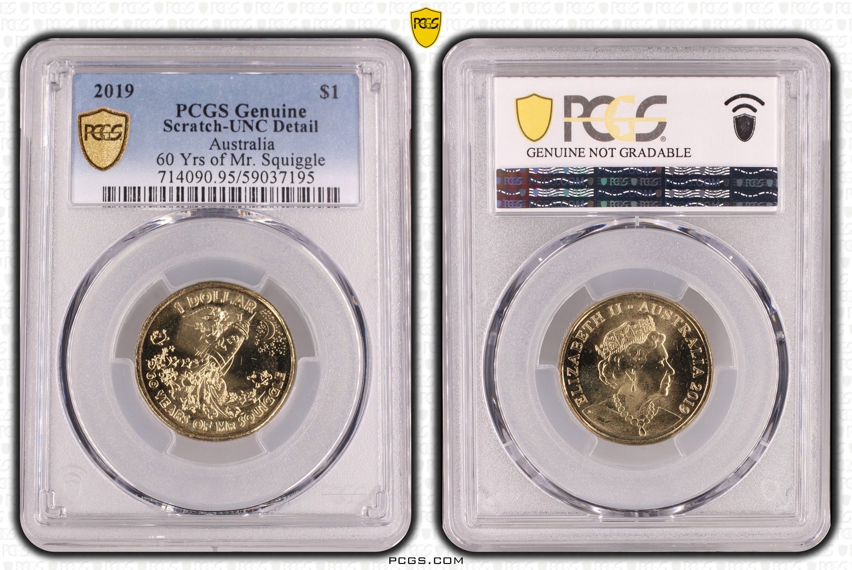 60 Yrs of Mr. Squiggle - Spaceship, One Dollar, 2019, PCGS Genuine - UNC Details (95 - Scratch)