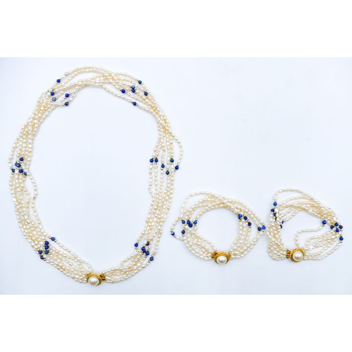 Box Multi-Strand Seed Pearl & Lapis Bead Jewelry