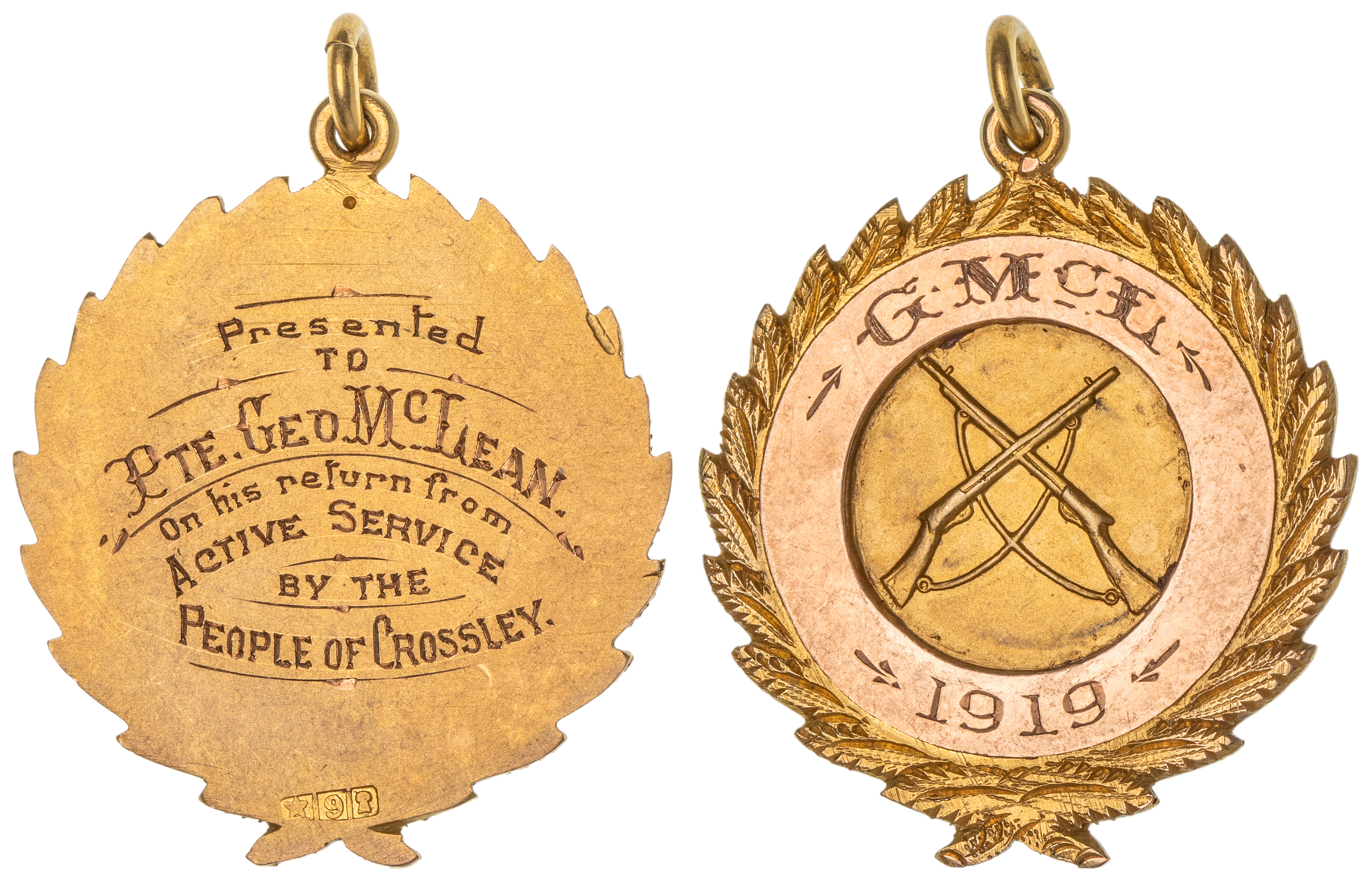 Crossley, Victoria, WWI Returned Soldiers Gold Fob Medal,