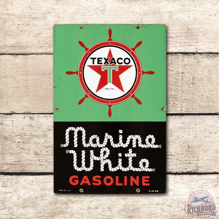 1959 Texaco White T Marine White Gasoline Porcelain Sign TAC 9