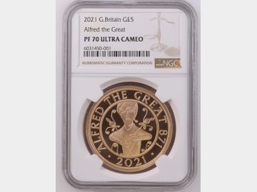 2021 QUEEN ELIZABETH II 'KING ALFRED' PROOF GOLD 5 POUND COIN PF70 UCAM TOP POP!