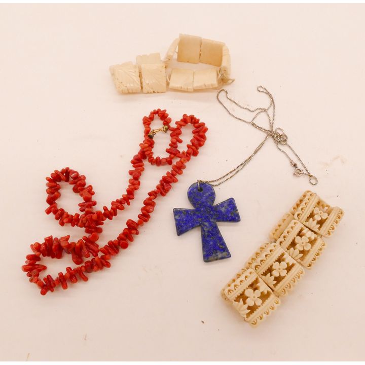 4pc Coral, Lapis, and Bone Jewelry- 2''-20''