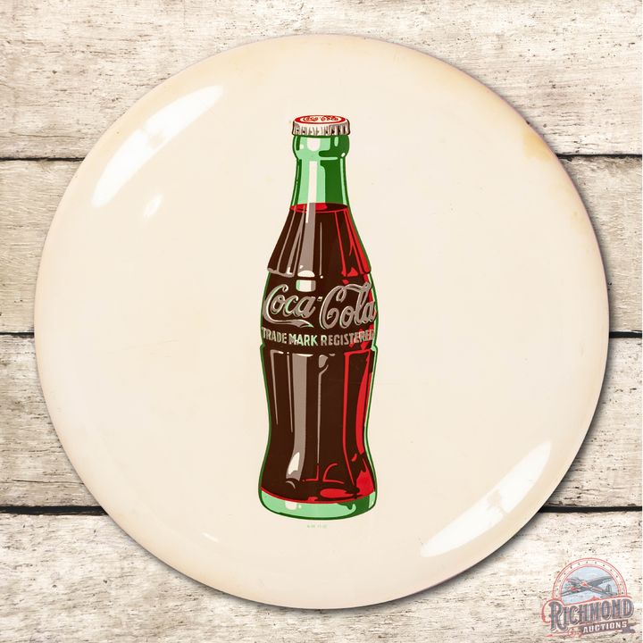 1952 24" Drink Coca-Cola White Metal Button Sign TAC 8.75